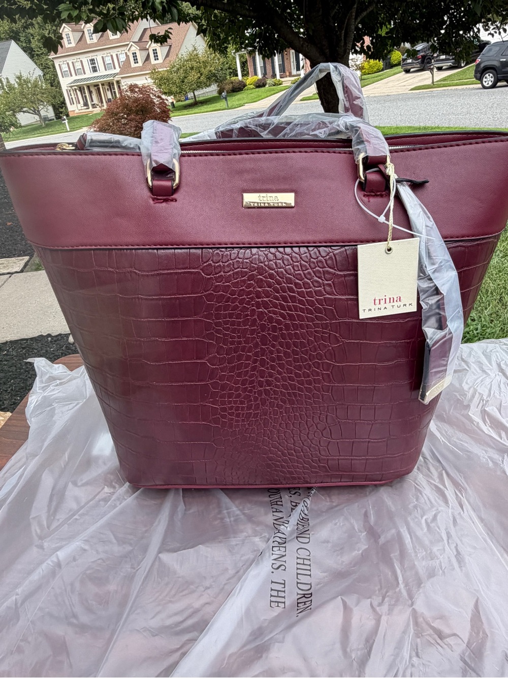 Trina Turk Wine Burgundy Croc Embossed Tote Bag Gold Hardware NWT
